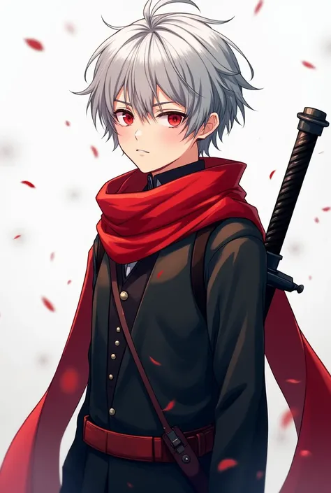 Silver hair Anime man with a red scarf, black sword in his back, red eyes, no glasses, 2
, short hair, full body