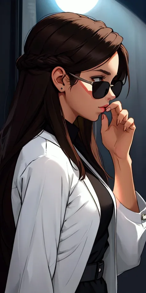 Create profile of young woman with dark brown hair, to wear black sunglasses