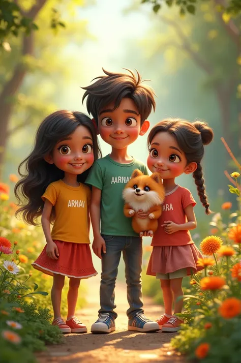 make 1 boy and 2 Girl boy in the middle and boy name is arnav girls name is ak and para make the name visible in their shirts para is holding a pomerian 