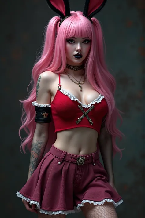 Female character with long pink hair with black bunny ears, black lipstick, dark eyes, red cropped top with white details, dark pink short skirt with platinum details, white plaid tights, red heels