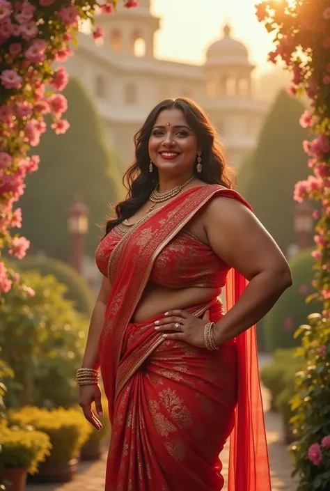 a very short and thick voluptuous smiling Indian woman with huge saggy breasts wearing trendy gorgeous intricate traditional dress without bra at a royal palace flower garden during golden hour, warm backlit dreamlike atmosphere, soft cinematic focus, anam...