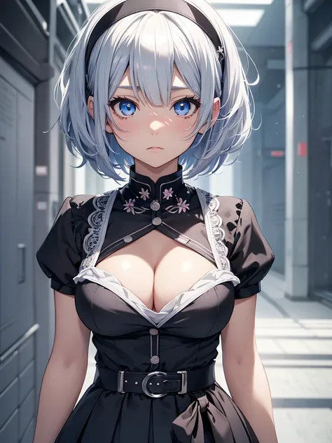 solo, Female, Manga, Japanese, Anime, Pastel, silver hair, (short cut), high school girl, ((tareme)), [big eyes], black iris, light blue eye, japanese idol,  cleavage, ((masterpiece)), ((high resolution)), ((best quality)), (ultra-detailed), ((extremely de...