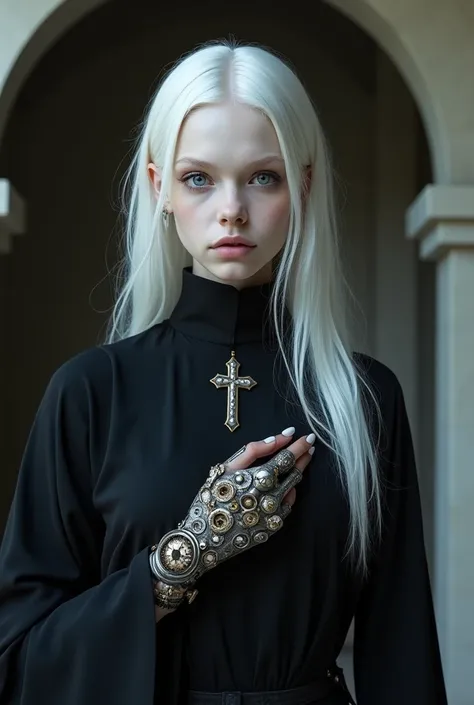 Young albino woman from the Middle Ages with white hair and violet eyes, black robes with a collar with a small cross, and with the left hand with a steampunk prosthetic 