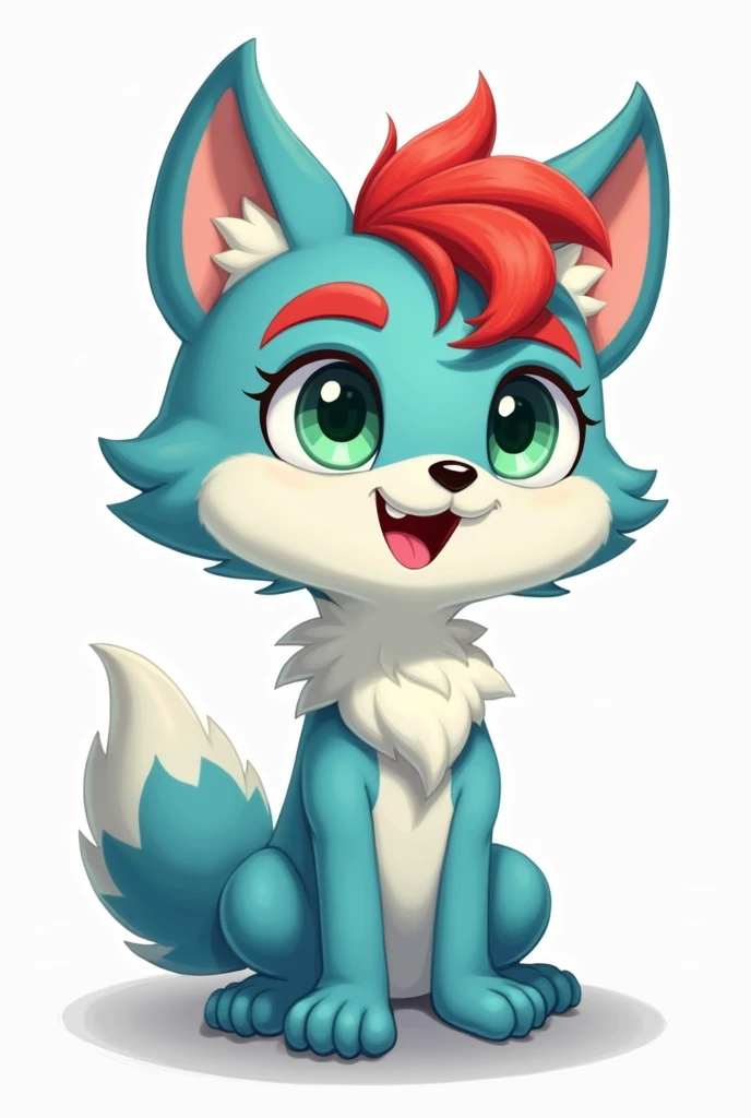 Fursuit furry Light blue  Wolf red hair green eyes red Eyebrow Man cartoon humán body