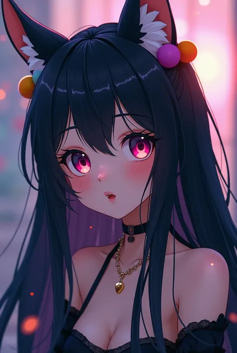 black hair, hair bobbles, wince, longeyelashes, solid circle eyes, fake animal ears, light smile, ear blush, fang, ccurate, Surrealism, drop shadow, anaglyph, stereogram, tachi-e, pov, atmospheric perspective, 8k, super detail, best quality, textured skin