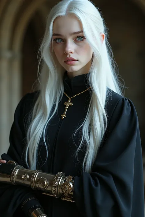 Young albino woman from the Middle Ages with white hair and violet eyes, black robes with a collar with a small cross, and with the steampunk prosthetic left arm 