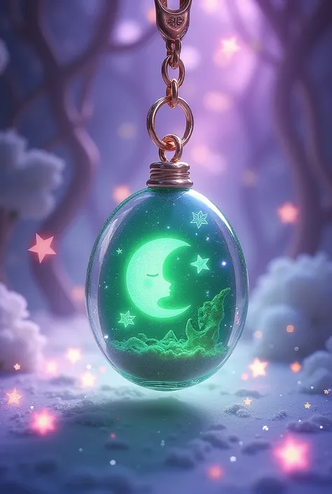 A keychain made of green magic moon pendant，Colorful lights flashing in the transparent glass，There are detailed stars in the background，Anime art style，Detailed Disney character designs，With detailed illustrations。It has twinkling effects and glowing star...