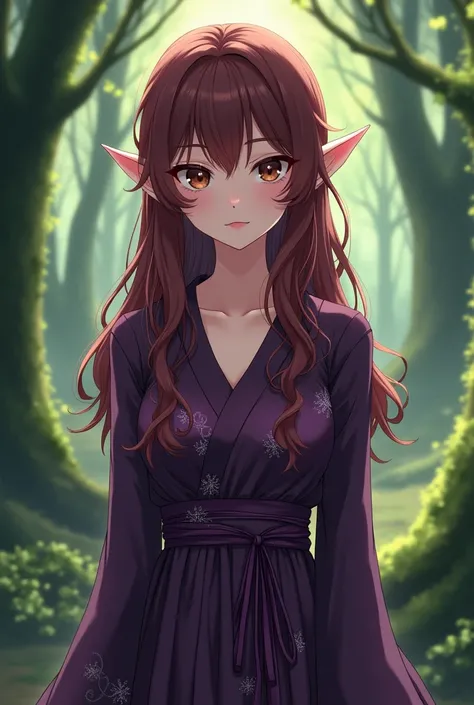 An elf  girl with burgundy brown hair, long layered cut hair,  thin almond shaped eyes, brown eyes, wearing dark purple clothes with neutral skin. Make her  Her background is a forest Make her anime 