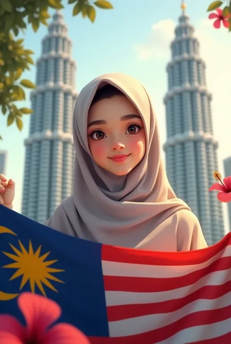 A cute girl wearing a full cover hijab holding a malaysian flag and hibiscus  with a petronas twin tower background