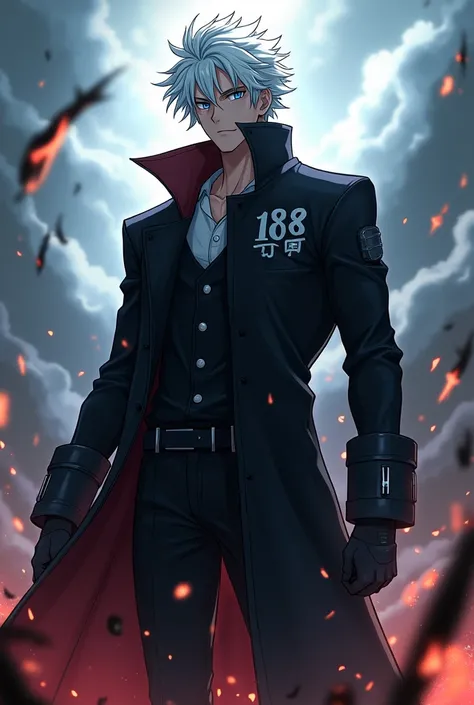 Create a male anime character with white hairs  and eyes colour should be sky blue and wearing a black coat with symbol 138 and having a scar on his face as he is fighting 