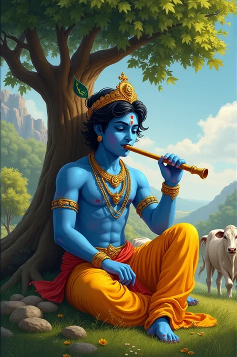 Krishna sitting under the tree and playing flute with there nearby cows