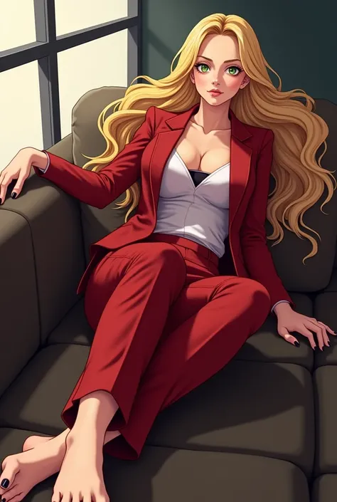 Anime businesswoman with blonde hair and red suit barefoot with black polished toenails laying down with brand on her bellyon her foot