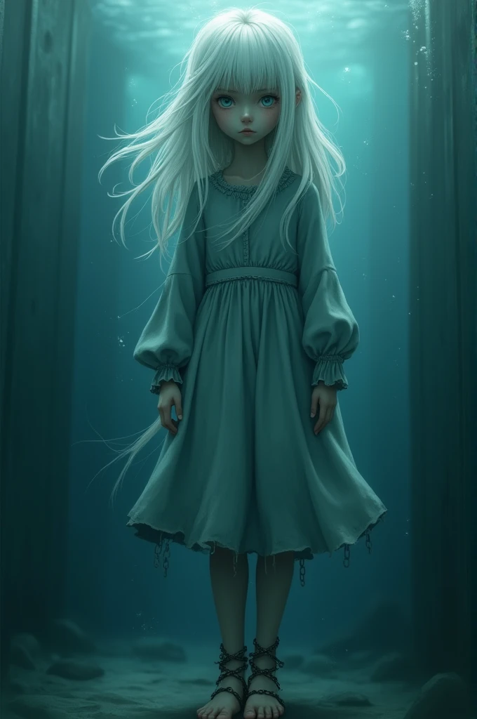 A young girl of just , medium long white hair, completely white eyes , He has a tired and discouraged face, His movements are slow because his ankles are tied to chains., all this while underwater, She has a long, slightly torn and worn dull blue dress 