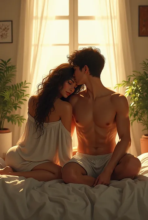 (photorealism:1.2), beautiful woman,and a yung body boy sitting on bed, wearing loose off-shoulder top, pajama pants, long curly hair, indoors, soft lighting, plants in background, window with sunlight, cozy room, relaxed pose, realistic, intricate details...