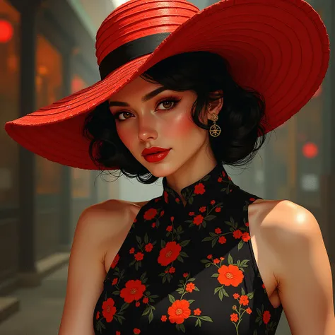 A mesmerizing hyperrealistic illustration of a sophisticated woman exuding grace and confidence. She dons a stunning wide-brimmed red hat adorned with intricate designs, casting a subtle shadow over her enchanting face. Her classic black dress features a b...