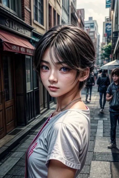 a 20-year-old shin-chan, extremely detailed, beautiful detailed eyes, beautiful detailed lips, extremely detailed face, detailed facial expressions, 1boy, anime style, vibrant colors, dynamic pose, mischievous expression, street background, urban city, det...