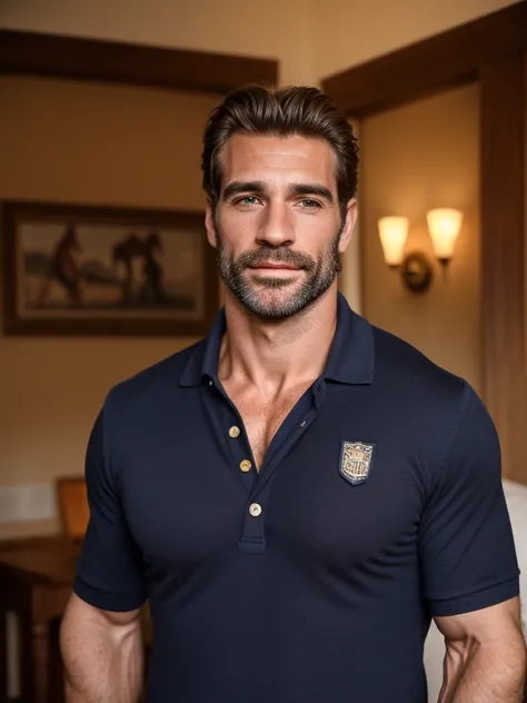 hair, portrait of a ruggedly handsome paladin, muscular, half body, masculine, mature, Retrato de un joven, Muscular very handsome and attractive italian men, A 40 years old male, Retrato de un joven, Muscular, real, ( Man in the room ), Wearing Dark blue ...