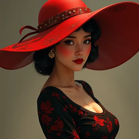 A mesmerizing hyperrealistic illustration of a sophisticated woman exuding grace and confidence. She dons a stunning wide-brimmed red hat adorned with intricate designs, casting a subtle shadow over her enchanting face. Her classic black dress features a b...