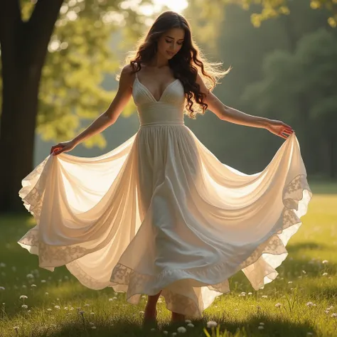 A woman with a perfect 90-60-90 figure, gracefully twirling in a flowing dress. The fabric of the dress billows around her as she moves, accentuating her hourglass shape. Her hair is long and shiny, cascading down her back. The setting is a scenic outdoor ...