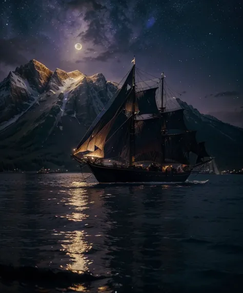 there is a gondola sailboat floating on the water at night with people on it, stars reflecting on the water, far away dreamy atmosphere, space art, tranquility of the endless stars, moonlit aurora purple sky, meteor shower on the sky, big moonlit backdrop,...