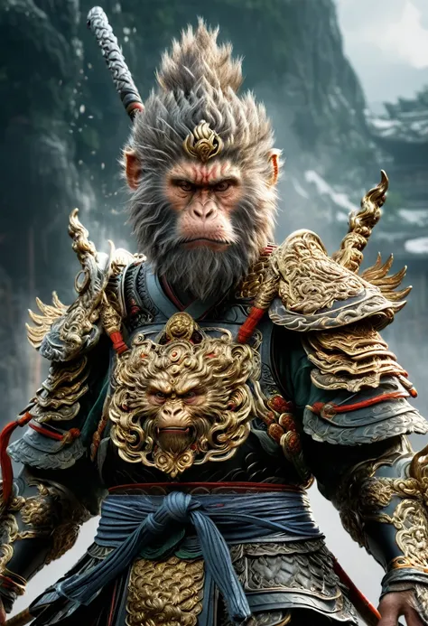 create an epic and detailed illustration of a legendary warrior with simian features, resembling sun wukong, the monkey king fro...