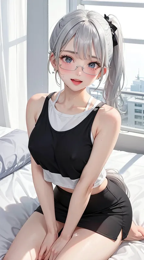 1Girl, 2, Solo, Anime, Ideal body, (Small breast, Hard Nipple). Beautiful, Gorgeous, Fresh, Blunt Bangs, (White Grey Hair:1.5),(Pony Tail Hair:1.3), sport shirt, sports, sporty cloth, sporty skirt, sporty pants, sporty legging, Comfort, Fabric Texture. (Se...