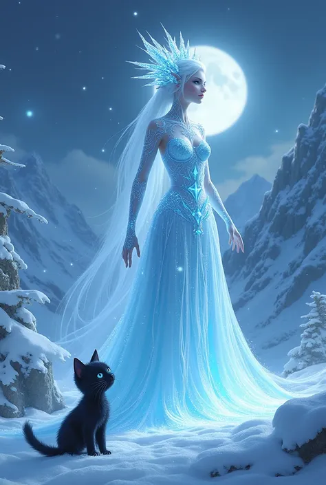 Beautiful Ice Spirit、The snow queen、Extremely cold、Snow Mountain、Diamond dust、Cute black kitten knight、Beautiful Moonlit Night