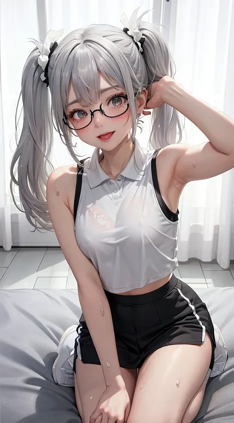 1Girl, 2, Solo, Anime, Ideal body, (Small breast, Hard Nipple). Beautiful, Gorgeous, Fresh, Blunt Bangs, (White Grey Hair:1.5),(Pony Tail Hair:1.3), sport polo shirt, sport tank top, sport bra, jacket, sports, sport cloth, sporty skirt, sporty pants, sport...