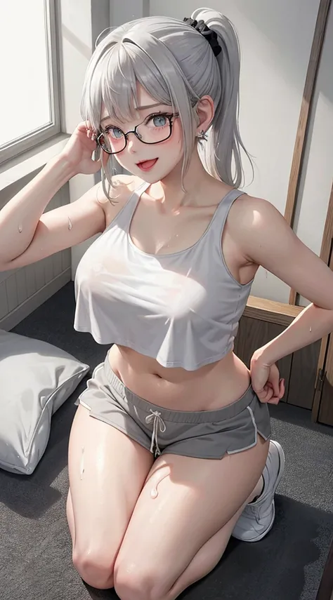 1Girl, 2, Solo, Anime, Ideal body, (Small breast, Hard Nipple). Beautiful, Gorgeous, Fresh, Blunt Bangs, (White Grey Hair:1.5),(Pony Tail Hair:1.3), sport polo shirt, sport tank top, sport bra, jacket, sports, sport cloth, sporty skirt, sporty pants, sport...