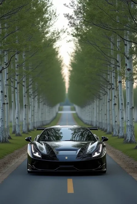 One black car stand in road with some white tree