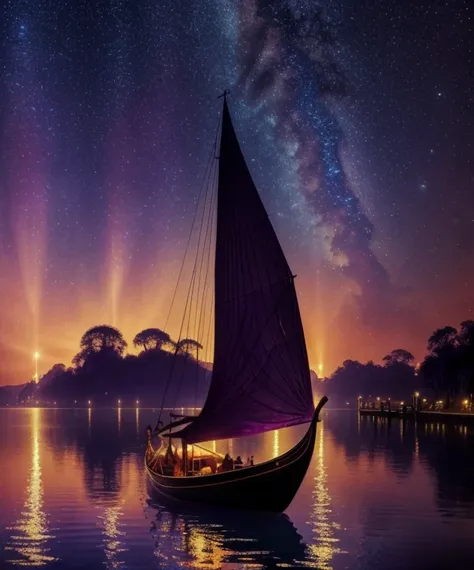 there is a gondola sailboat floating on the water at night with people on it, stars reflecting on the water, far away dreamy atmosphere, space art, tranquility of the endless stars, aurora sky, meteor shower on the sky, big moonlit backdrop, mystical night...