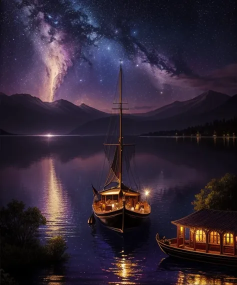 there is a gondola sailboat floating on the water at night with people on it, stars reflecting on the water, far away dreamy atmosphere, space art, tranquility of the endless stars, aurora sky, meteor shower on the sky, big moonlit backdrop, mystical night...