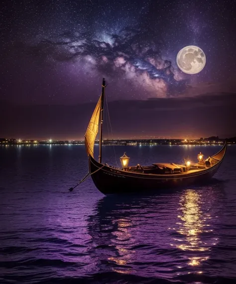 there is a gondola sailboat floating on the water at night with people on it, stars reflecting on the water, far away dreamy atmosphere, space art, tranquility of the endless stars, aurora sky, meteor shower on the sky, big moonlit backdrop, mystical night...