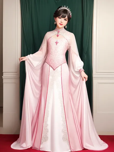 male crossdressing wear long princess gown, male body, mature male, standig, full body, background white, pink lips, 