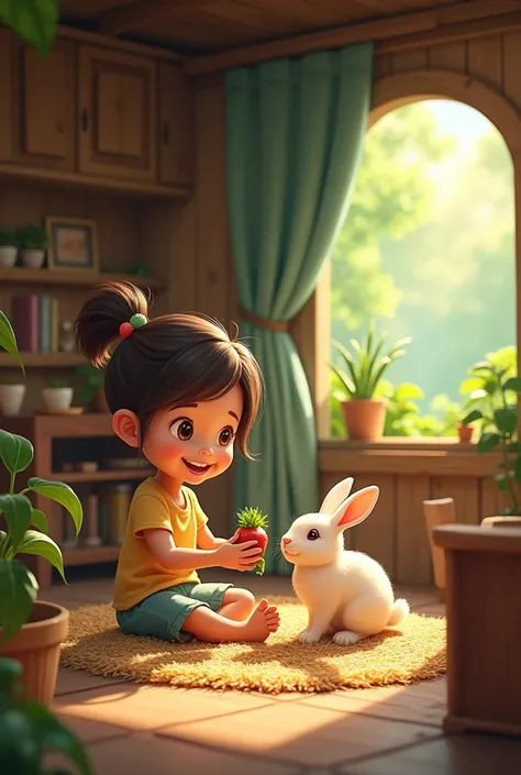  “Small girl is sitting in her cozy, rustic cottage, feeding a small rabbit named Fluffy with fresh vegetables. The room is warm and inviting, with wooden furniture, a soft rug, and a bed made of straw for Fluffy. Small girl smiles warmly as she cares for ...