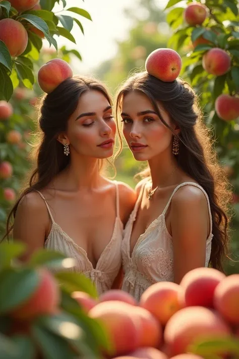 Beautiful Greek women。I&#39;m surrounded by peaches and there&#39;s so much peaches around。Wearing a peach on his head。