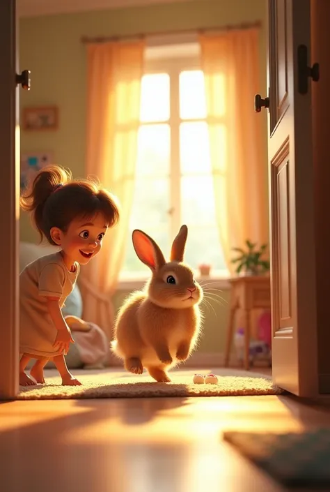 Inside small girl’s cottage, the rabbit Fluffy, now healthy and lively, is hopping around joyfully. The cottage interior is bright and cheerful, with sunlight streaming in through the windows. Small girl watches with delight as Fluffy explores the room, fi...