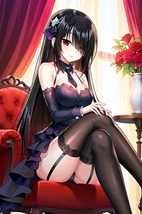 tokisaki kurumi ,((masterpiece)),(((best quality))),((ultra-detailed)),((illustration)),((disheveled hair)),((frills)),(1 girl),(solo),1girl,  armchair, ass, bangs, bare shoulders, black bow, black dress, black footwear, black legwear, black necktie, boots...