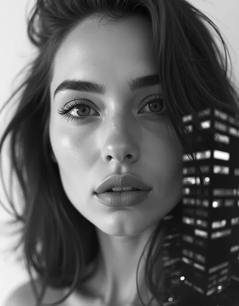 double exposure of a beautiful womans face looks straight in the camera, her skin is absolute clear and wonderful her hair black, the second part of the image is a large city, put the images together with a stroke in the middle, black and white photography...