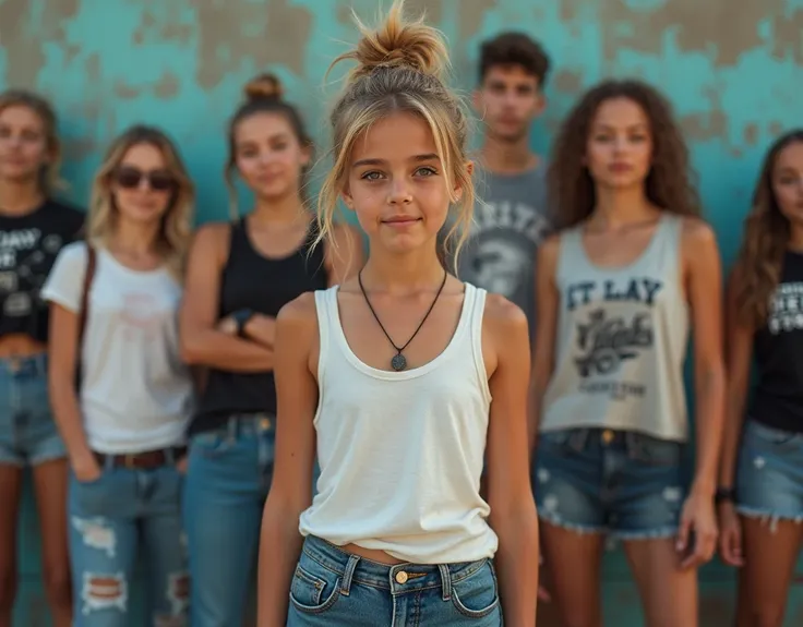 Photo of a teenage girl in skater fashion and her male and female friends. Everyone is wearing a tank top