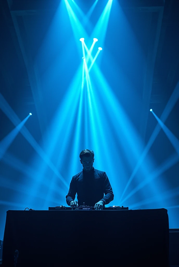 Draw me a picture of a man playing his DJ style on a very grand stage with more of a sharp bluish black feel with disco lights.