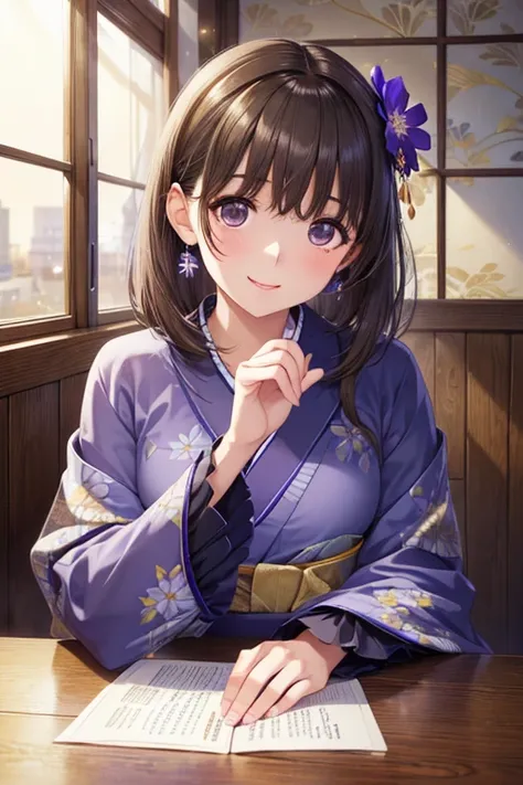 anegasaki nene、Shiny brown hair, short hair, (Beautiful brown eyes、Sparkling eyes, Fine grain)、smile、Ultra-detailed eyes、Highly detailed face, Highly detailed eyes,




blue flower hair ornament, Hair between the eyes, Hair Scrunchie, Long Hair, Floral dec...