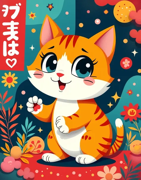 pop-art illustration poster, cute cat, with japanese text