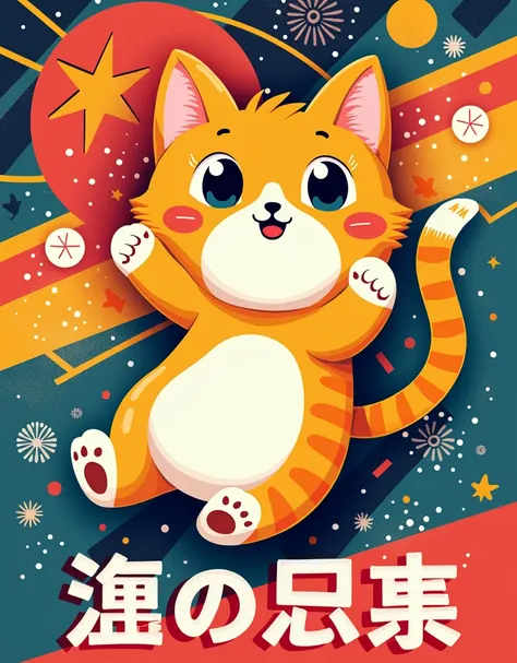 pop-art illustration poster, cute cat, with japanese text