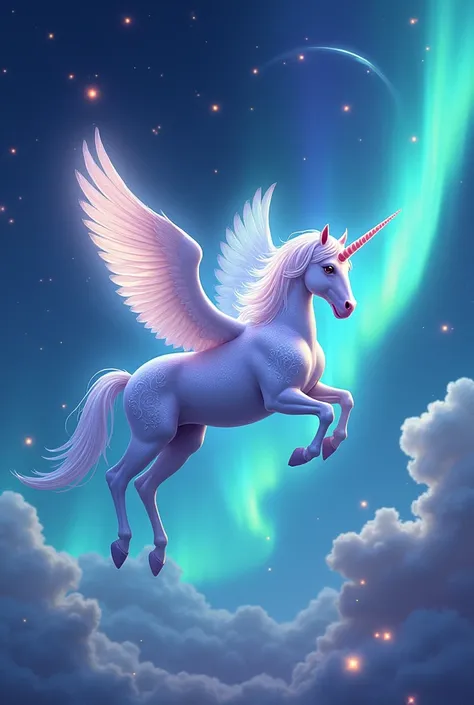 Cute、Unicorn Pegasus、Pink、Soaring through the aurora、The starry sky of Umanten、shooting star、Fantasy、