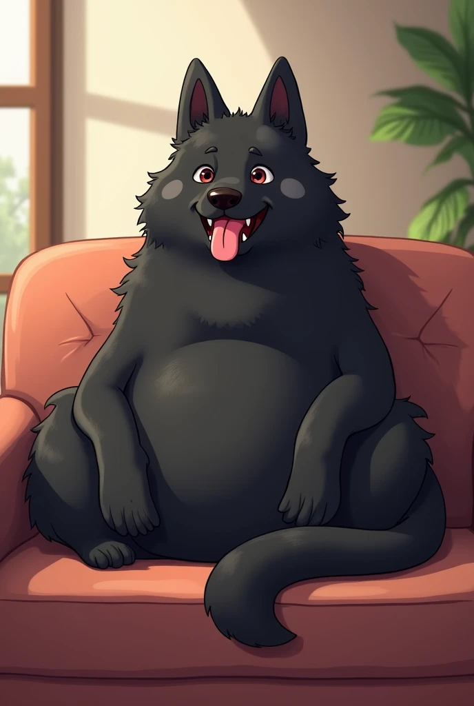 Big, Black, thin, and furry anime dog with tounge out sitting on a sofa 