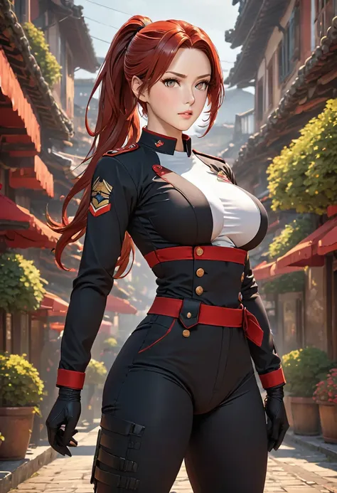 ((best quality)), ((artwork)), ((extremely detailed face)), ((perfect lighting)), ((extremely detailed CG)), ((perfect hands, perfect anatomy)) Appearance= pale; ((hazel color eyes)); long red hair, often tied in a ponytail; sharp jawline; tall, athletic, ...