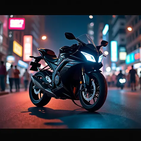 R15 v3 black bike in banglore city night people walking