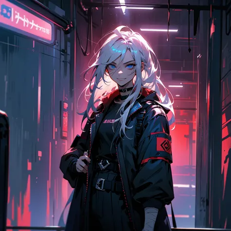 White hair, long hair, straight hair, male, man, blue eyes, tall, wiry, jacket, choker, armband, long boots, belt, waist pouch, with a black bandage, delicate facial features, toned, cyberpunk, inside, in the subway, determined, half body photo, upper body...