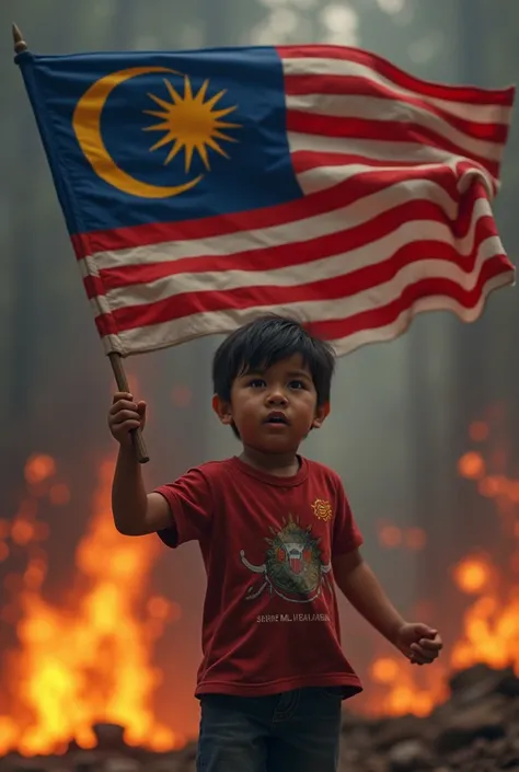 the co-pilot immediately imagined a Malay child holding the Malaysian flag with burning passion, hyper realistic, 3D, UHD, cinematic trying to make a co-pilot picture